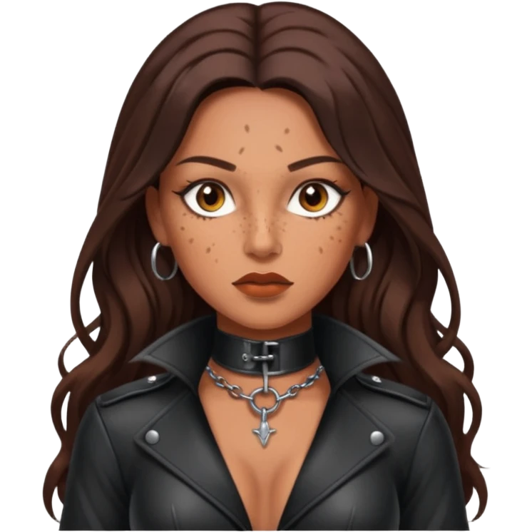 Tan skin with freckles, long dark hair, hazel eyes Dominatrix  emoji