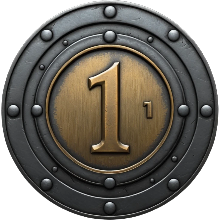 Minimal emoji, gothic metal coin made of black steel, engraved number 1 at the center, ancient industrial aesthetic, worn metal texture, no glow, no neon, flat emoji design, centered, transparent background emoji