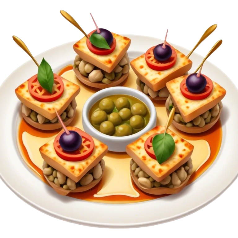 Tapas (4 Pintxos) Cinematic Realistic Tapas Dish Emoji, depicted as an assortment of 4 pintxos elegantly arranged on a plate, rendered with lifelike textures and vibrant, inviting lighting. emoji