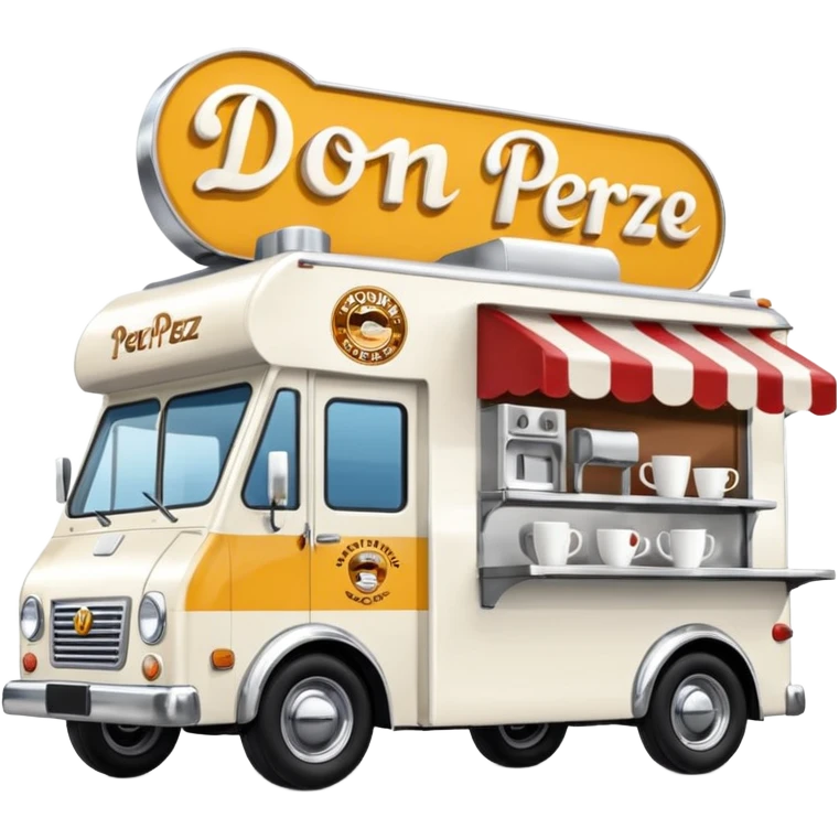 white coffee truck with "Don Perez" cafe sign emoji