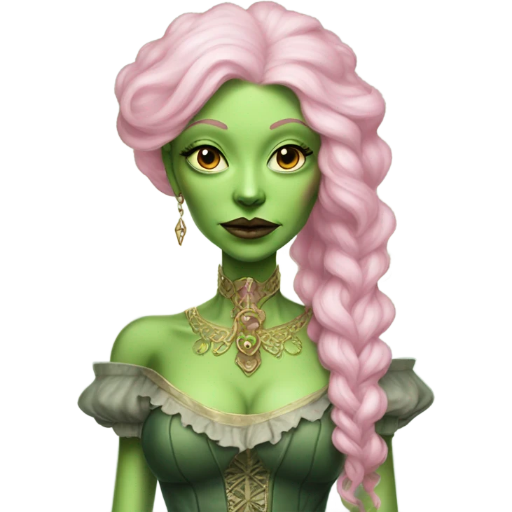 a green amazon alien woman in Victorian white gold pink hair full body  emoji