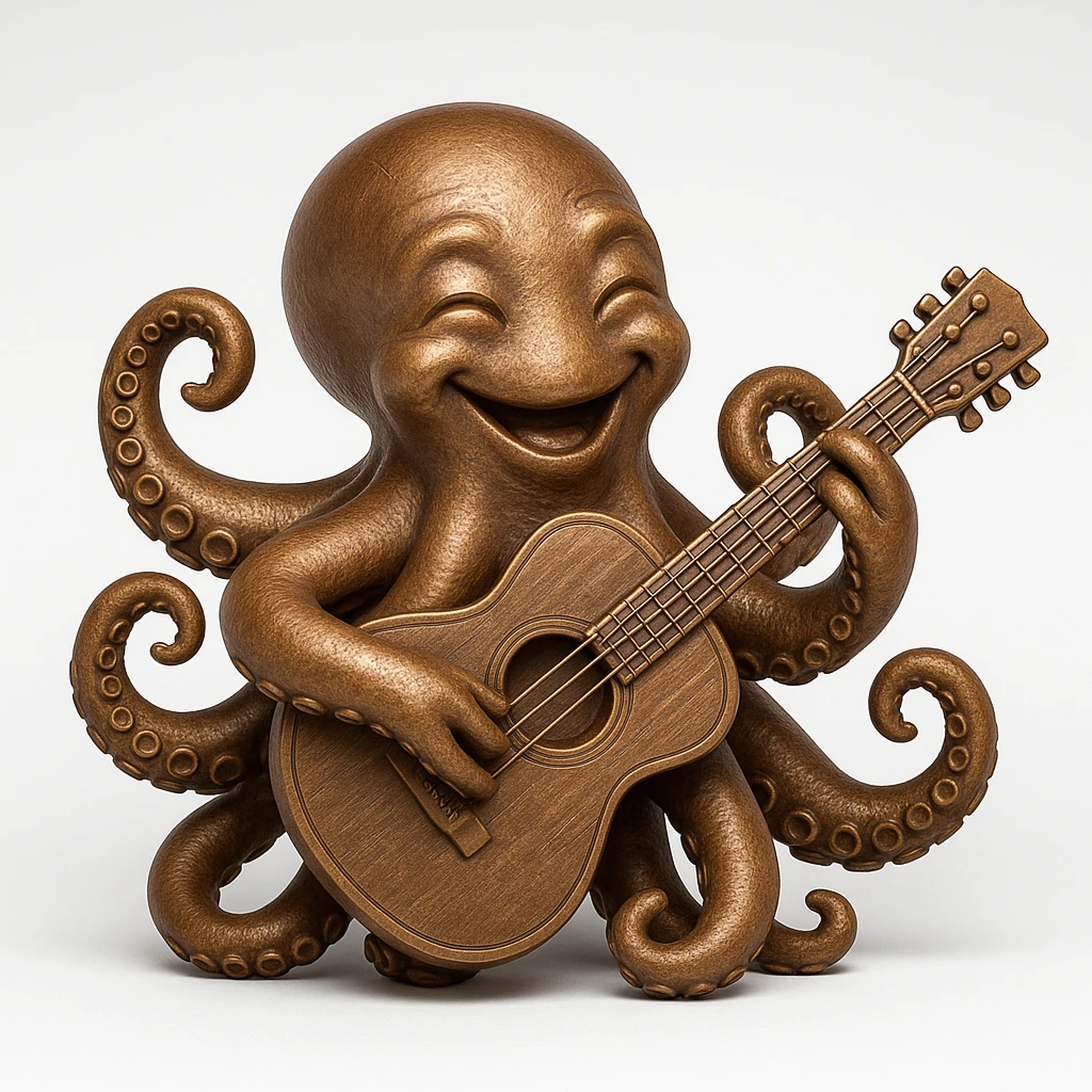 happy octopus with multiple arms playing guitar emoji