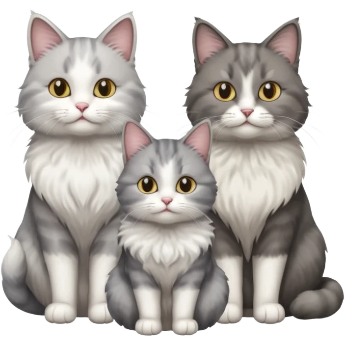 a very fluffy grey and white cat sitting with 2 other cats emoji