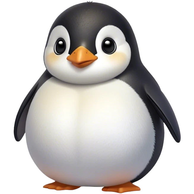 Cinematic chubby penguin, round fluffy body, tiny beak and feet, soft glowing feathers, gentle happy eyes, slightly tilted head, warm and irresistibly cute. emoji
