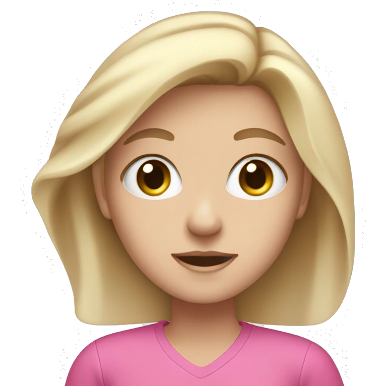 a blue eyed white dark blond hair girl wearing a pink shirt holding an iphone  emoji