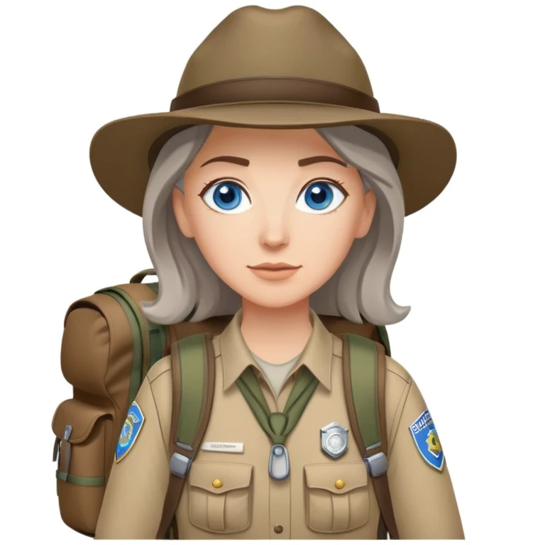 white woman park ranger with blue eyes, brown and gray hair, wearing a backpack, standing in a nature background emoji