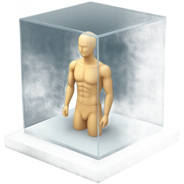 male mannequin abs cubes inside a glass cube on a stand isometric view emoji