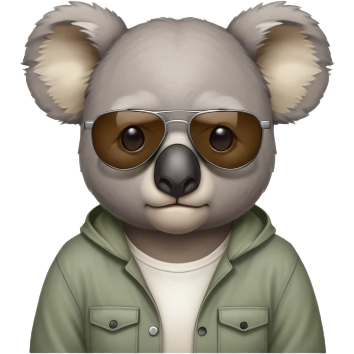anthropomorphised koala, head and shoulders, casual clothing, dark sunglasses, grumpy expression emoji