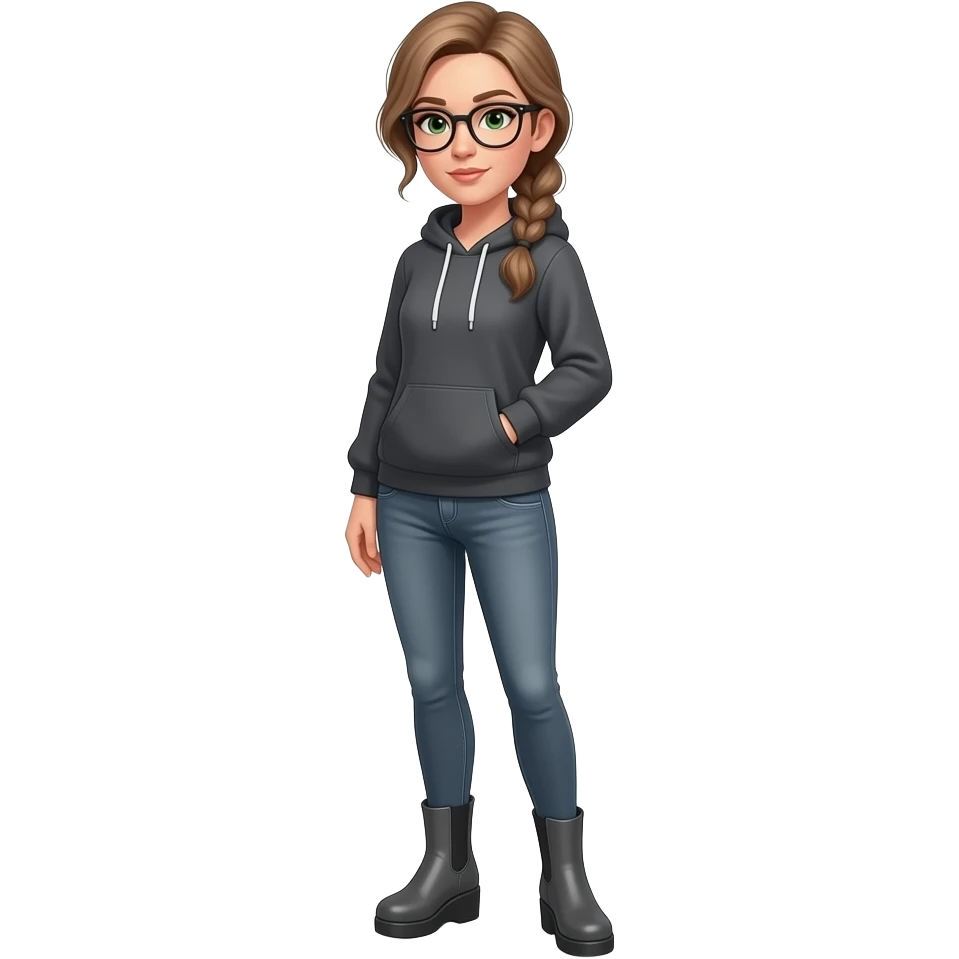 girl in 30s, light brown hair, side part, messy low side braid, green eyes with glasses dark grey hoodie, gunmetal gray fitted jeans, charcoal platform wedge boot, standing emoji