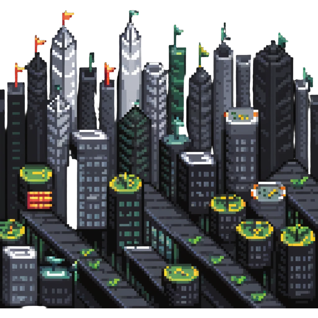 cityscape with economic symbols like upward arrows, coins, and buildings emoji
