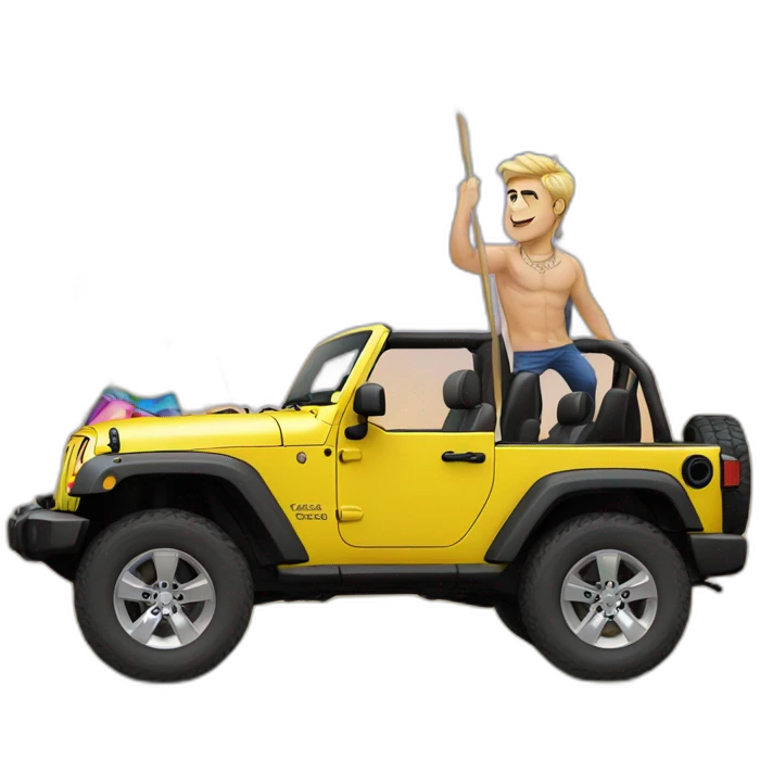 zac efron on a jeep wrangler with a raibow flag and gay dresses emoji