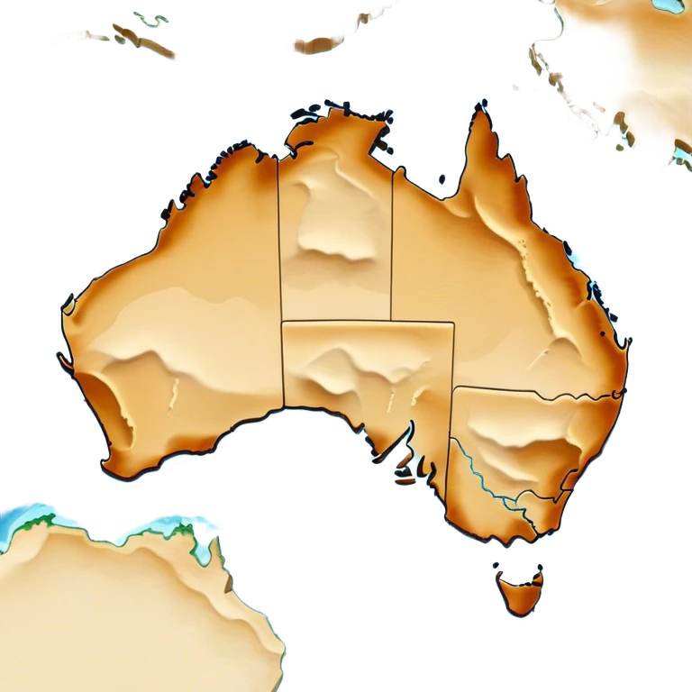 Cinematic-realistic outline of Australia, featuring its distinct landmass with accurately defined coastlines. The deep blue ocean surrounds the golden-brown continent, with subtle topographic shading to highlight its terrain. A soft glowing effect enhances the edges, making the shape stand out against a neutral, textured background. emoji