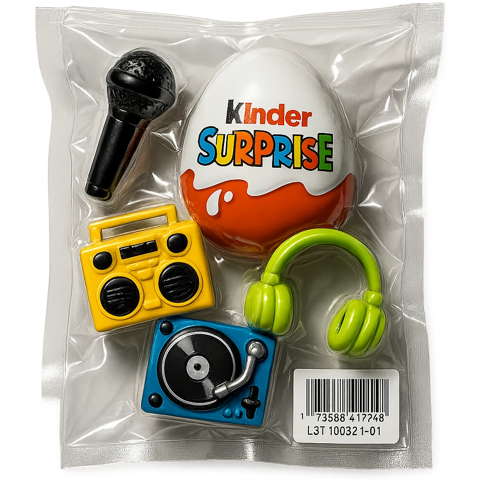 Kinder Surprise egg opened, showing toys including microphone, boombox, headphones, DJ turntable, shiny and inflated vacuum-sealed style emoji