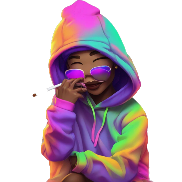 Multicoloured neon person smoking wearing hoodie dancing hip hop bucket hat tropical Skater fashion aesthetic baggy clothes graphic t shirt 420 emoji