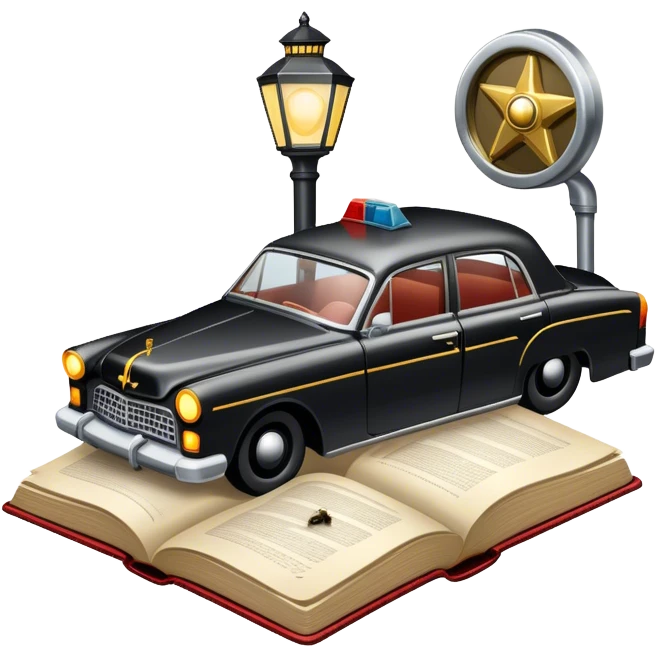 Icon for Action & Crime Reading: an open book with dramatic crime scenes—bullet holes on pages, a detective badge, a revolver and a getaway car. Surrounding elements include a flickering streetlight. Transparent background. emoji
