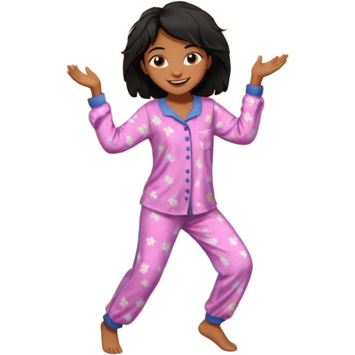 generate a pretty bratz brown skinned girl with messy black hair in pyjamas dancing in room emoji