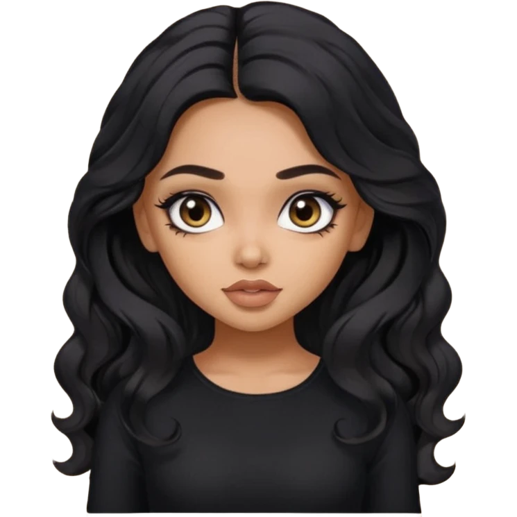 a pretty bratz dusky girl with long wavy black hair, kajal under eyes, black full sleeve  top emoji