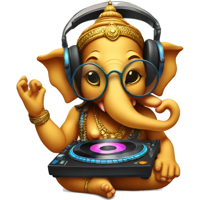 ganesha with goggles and playing DJ with music emoji