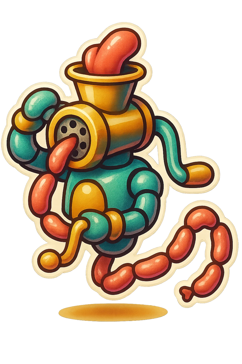 a robot that has a large meat grinder for a head. 2 arms that stuff meat into its meat hole. meat is processed and sausage links come out of the rear. The robot doesnt have legs it hovers.style is not lifelike. sticker or emoji style. robot feeds itself meat emoji