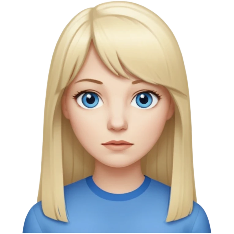 35 yr old white woman, pale skin, long straight blond hair parted in center, blue eyes, bangs emoji