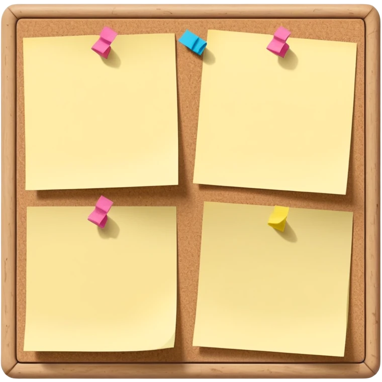 cork bulletin board with just 2-3 sticky notes pinned to it, minimal emoji