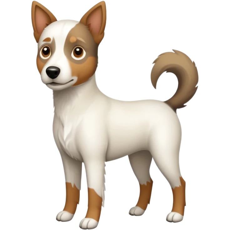 a full body large white parson russell looking dog the size of a kelpie with light brown flapped down ears and a light brown patch on one eye and a large snout emoji