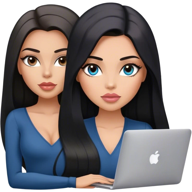 Glamours, tanned, very beautiful girl, with big pump peach-beige-rose lips, long lashes, black straight smooth silky long hair, straight parting hair, blue-grey eyes, in v-neck bodysuit holding MacBook emoji