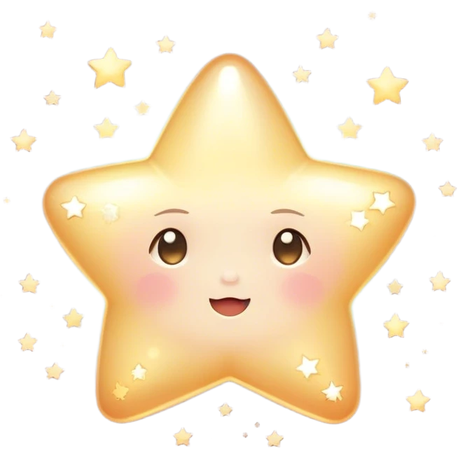 Cinematic cute sparkling star, chubby rounded edges, golden glow, tiny blushing cheeks, warm and gentle shine, twinkling softly in a pastel night sky. emoji