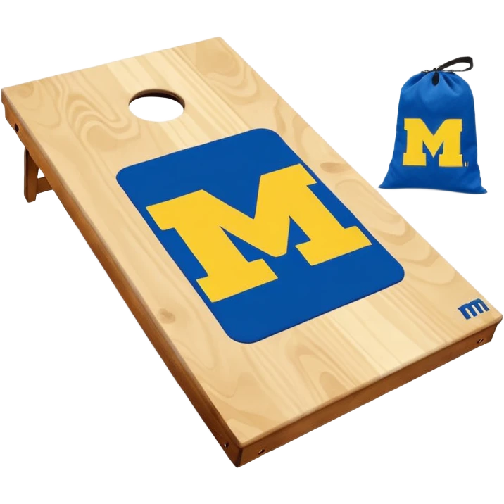 Cornhole board blue and yellow with Michigan “M” With a  cornhole bag emoji