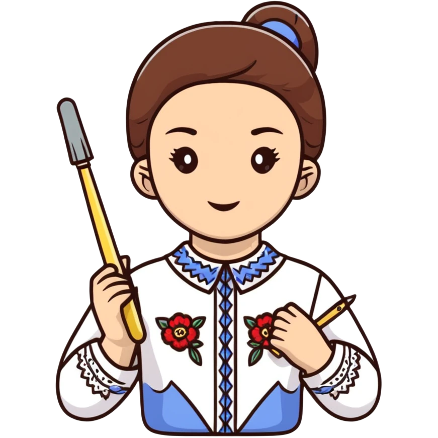 Ukrainian young girl in white embroidered traditional shirt holding needlework tools emoji
