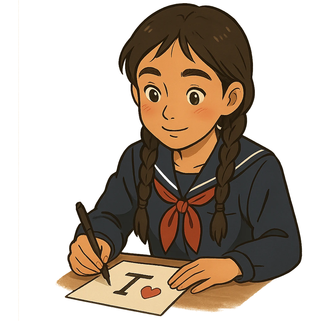 Kazakh girl in Korean school uniform, drawing a T with a heart on paper in ghibli style emoji