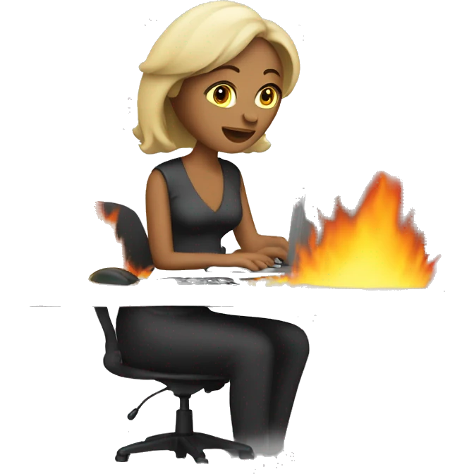 Woman at work on computer on fire emoji