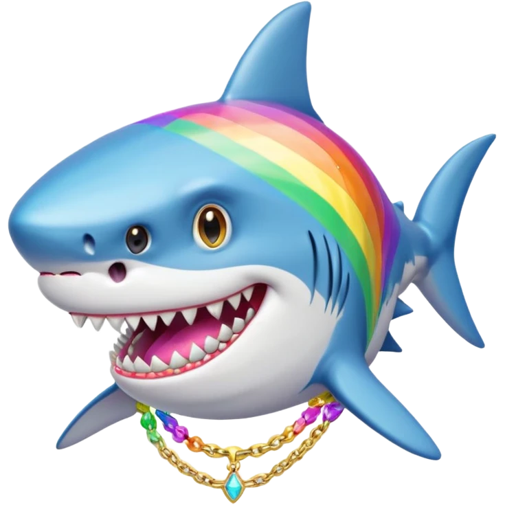 Generate a shark with a wig with the colors of the rainbow its teeth that are also with the colors of the rainbow and that have like diamonds embedded And that it also has a gold chain of number 69 with inlaid diamonds emoji
