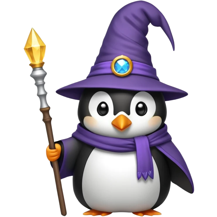 penguin wearing a wizard hat and robe, holding a magic wand emoji