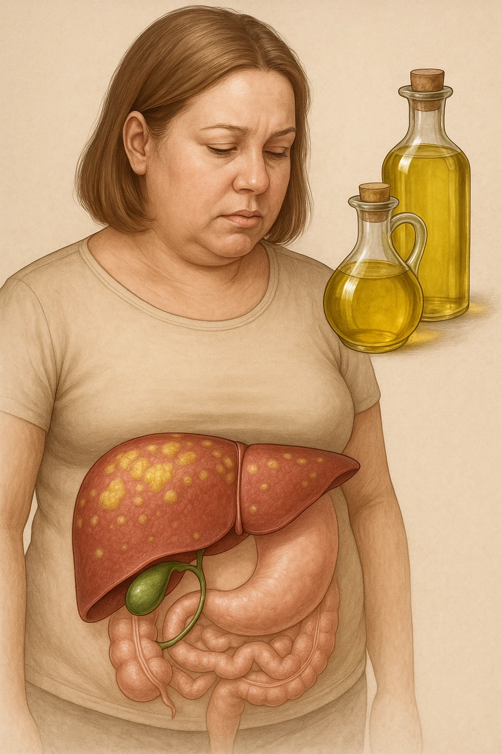 donna con fegato grasso immagine realistica e usa oli vegetali formando anche calcoli biliari emoji