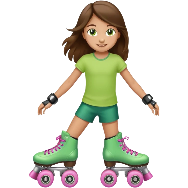 an 8 year old girl with green eyes and long brown hair. smiling. skating on quad style roller skates with white boot. emoji