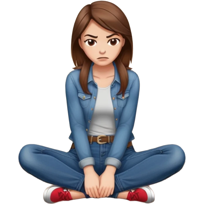 angry woman with brown hair sitting in profile on a floor hugging her knees in jeans avoiding conversation  emoji