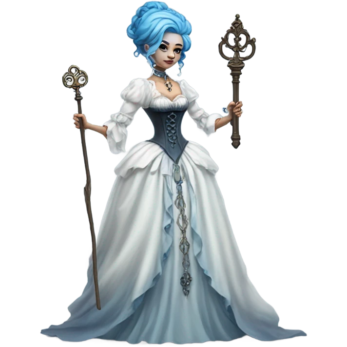 blue witch woman login holding a big key in white victorian dress, full body emoji