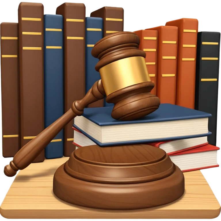 A 3D cartoon judge’s gavel resting on a block beside law books, warm wooden background, realistic Memoji-style rendering. emoji