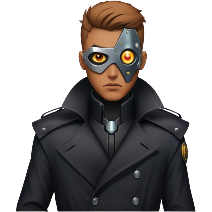 A dystopian bounty hunter, black trench coat, cybernetic eye glowing emoji