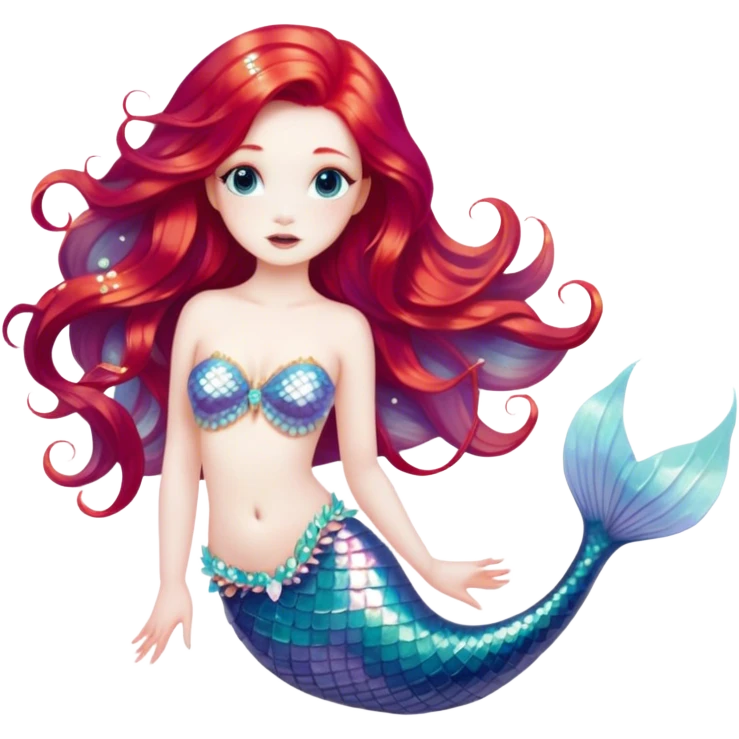 Cinematic Realistic Red Hair Mermaid Portrait, depicted with lifelike porcelain white skin that glows with an ethereal radiance, enhanced by soft underwater lighting. Her intricately detailed, flowing red hair cascades like liquid fire, framing deep, soulful eyes that mirror the mysteries of the deep sea. Accented by shimmering, iridescent scales and delicate aquatic embellishments, the portrait features an enchanting underwater glow that marries realism with mythic ocean elegance. emoji