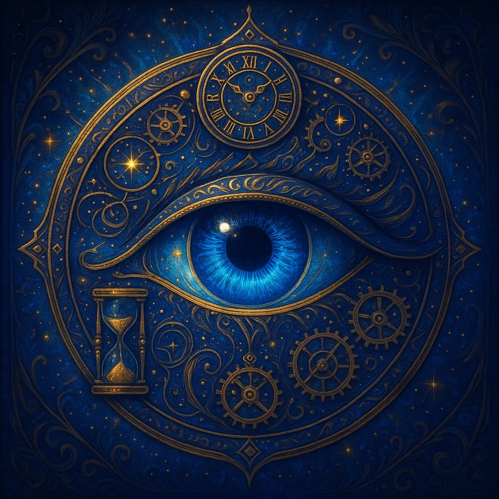 the Eye of Chronos, a mystical eye symbol with ancient, time-related motifs, intricate details, glowing elements, and a sense of power and mystery emoji