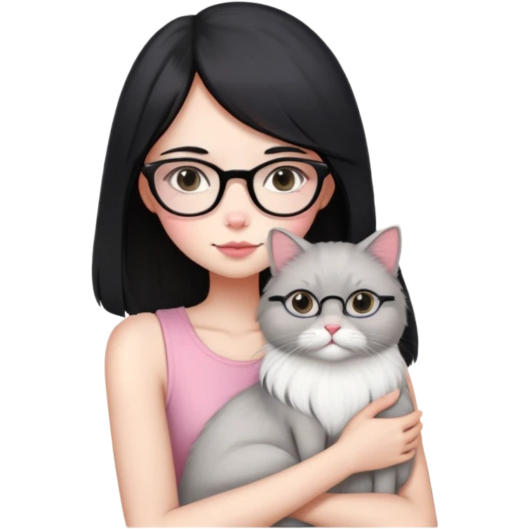 Skinny woman with oval glasses, long straight black hair, pink cheek blush, wearing white sleeveless top, hugging a grey Persian-Angora cat, plain background emoji