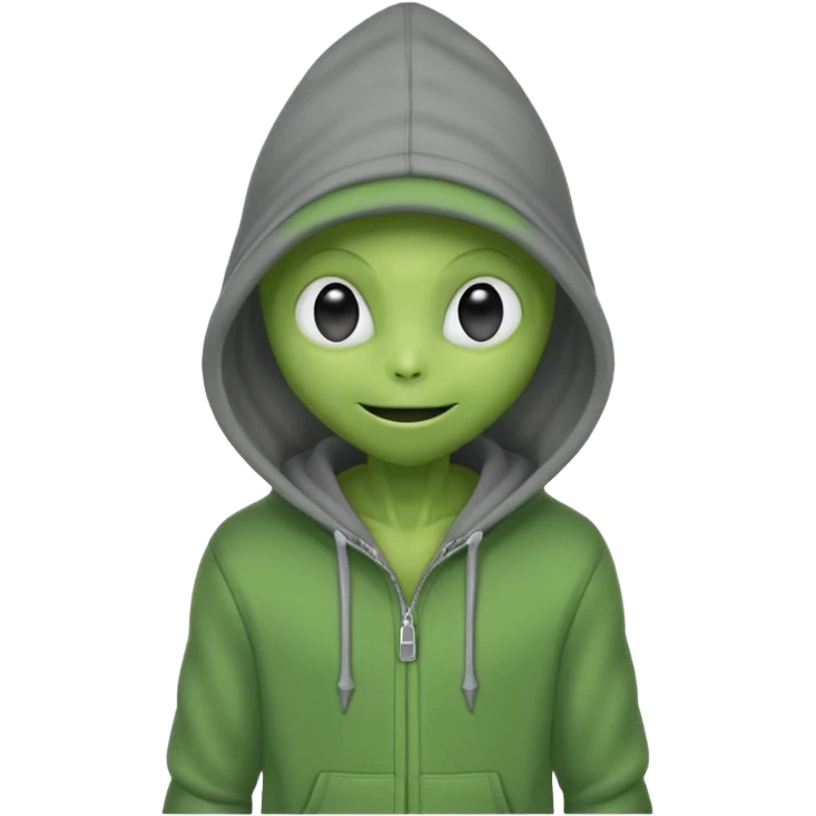 happy green alien in gray hoodie full height, wear hoodie hat emoji