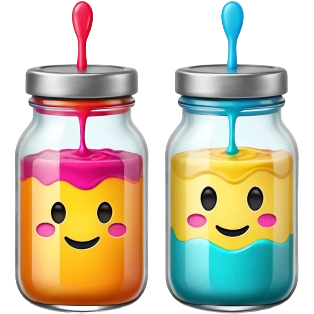 two small glass jars with metal lids filled with colorful purée no label or extras soft lighting subtle shadows emoji scale emoji