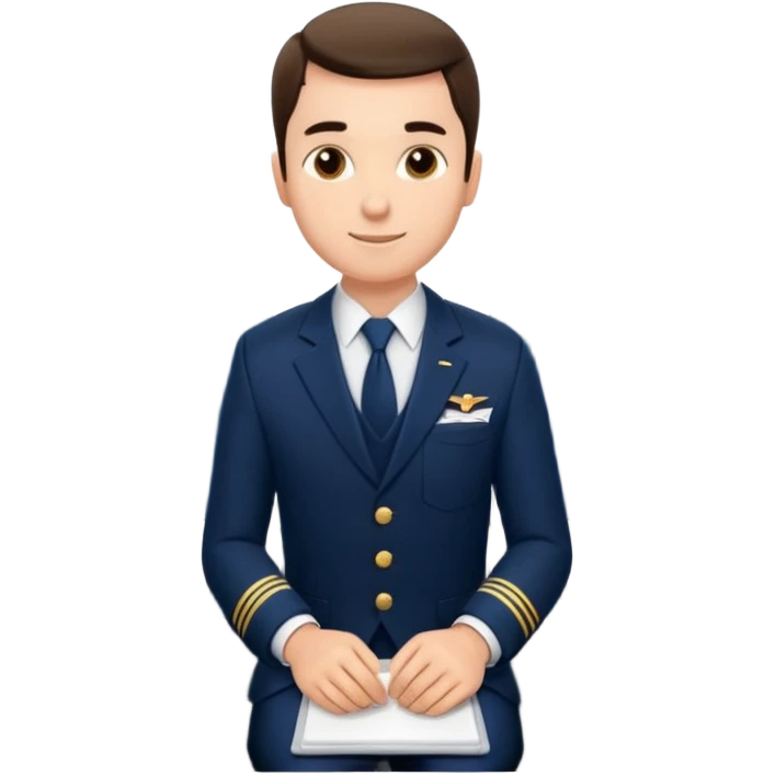 A  male courteous flight attendant checking seat rows with a polite, attentive posture. emoji