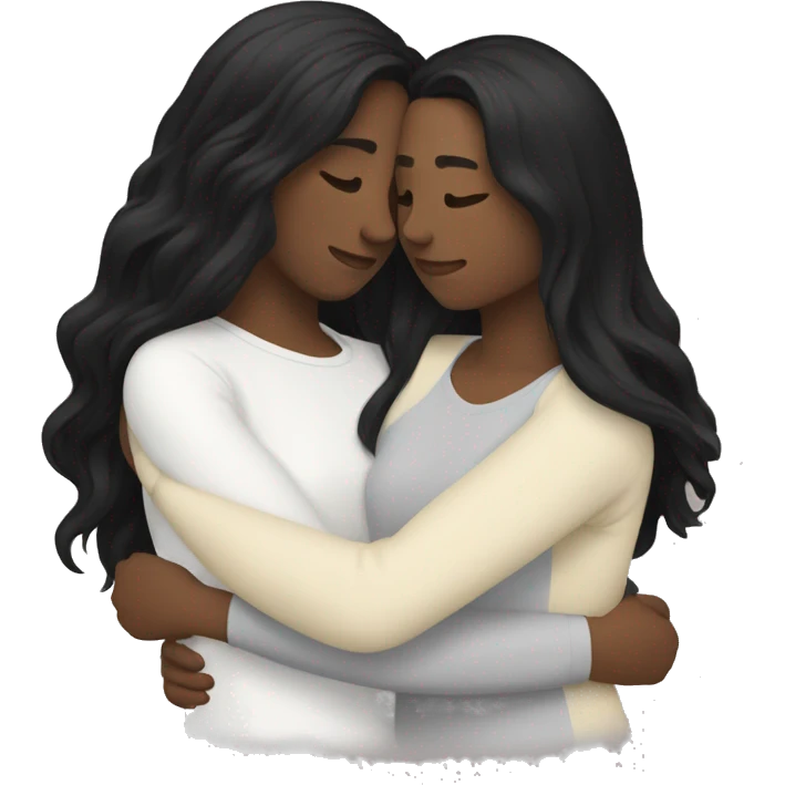A lesbian couple who both have white skin and long black hair are hugging intimately. emoji
