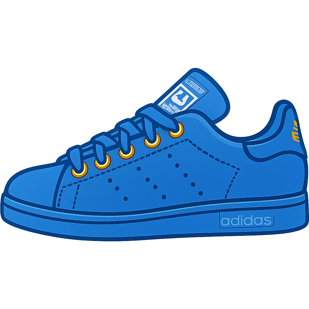 Add visible laces detail to the single blue adidas Stan Smith shoe in emoji style with no background. emoji