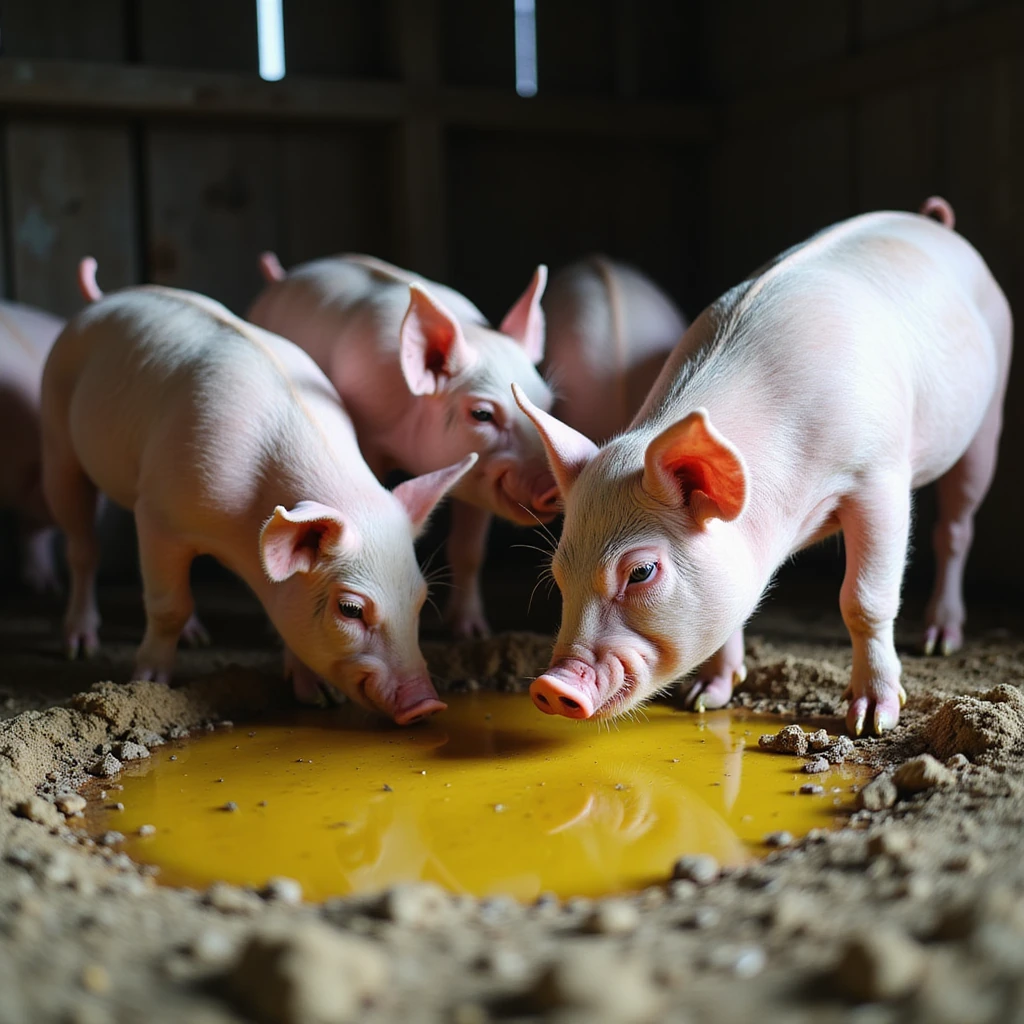 group of pigs in a barn, one approaching and drinking from a yellow puddle near feces, traditional farming atmosphere, realistic details, 4K quality emoji