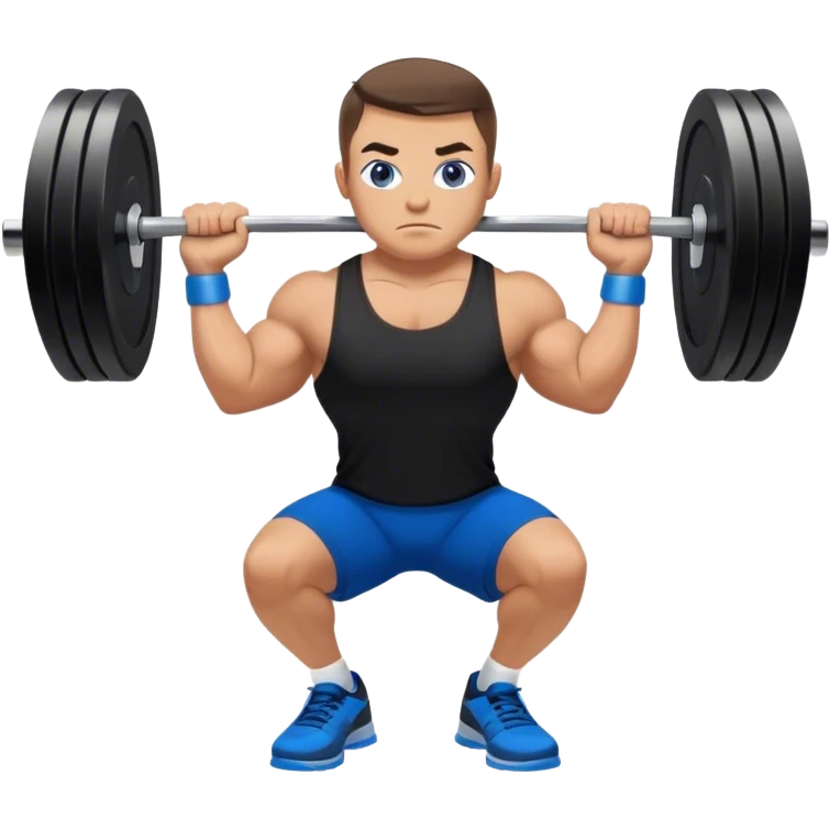 tanned powerlifter grey eyes black shorts black t shirt blue shoes barbell squats emoji